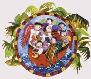 Bolivie, Santa Cruz, Chiquitanias, Missions Jesuites, dessin d'anges musiciens sur une barque, logo du festival de musique baroque