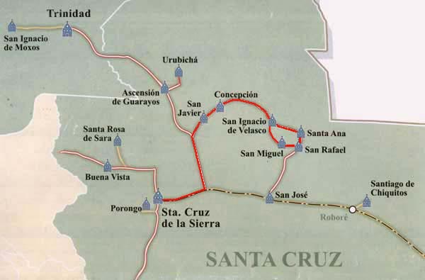 carte des missions jesuites de la chiquitania de Santa Cruz, Bolivie