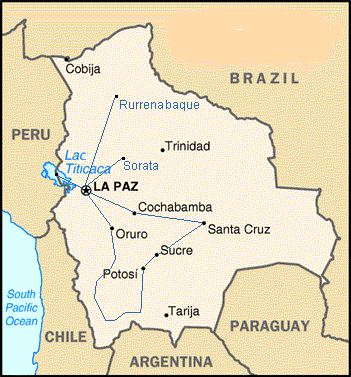 Carte de bolivie avec itineraire du voyage, potosi, sucre, la paz, cochabamba, rurrenabaque, oruro, sucre,santa cruz, lac titcaca