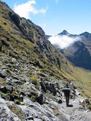 Bolivie, Camino del inca del choro, panorama de montagne bolivienne avec petit chemin et brumes